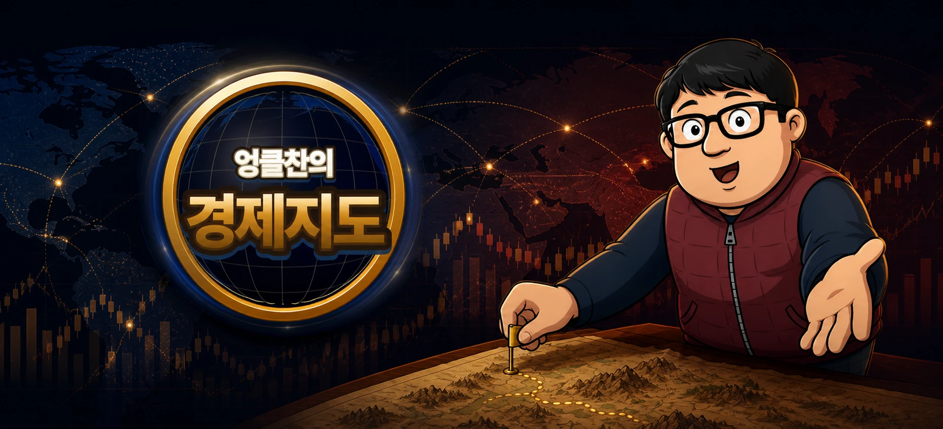 세계 경제지도와 시장 그래프 앞에서 경제 흐름을 설명하는 엉클찬